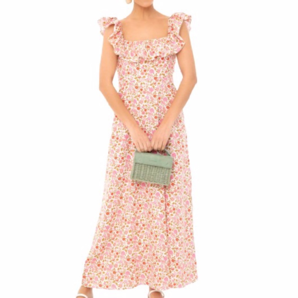 Zimmermann Goldie pink floral ruffle midi dress, size 0
